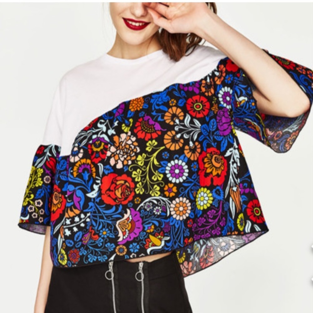Zara floral boxy ruffle soft cotton t-shirt S